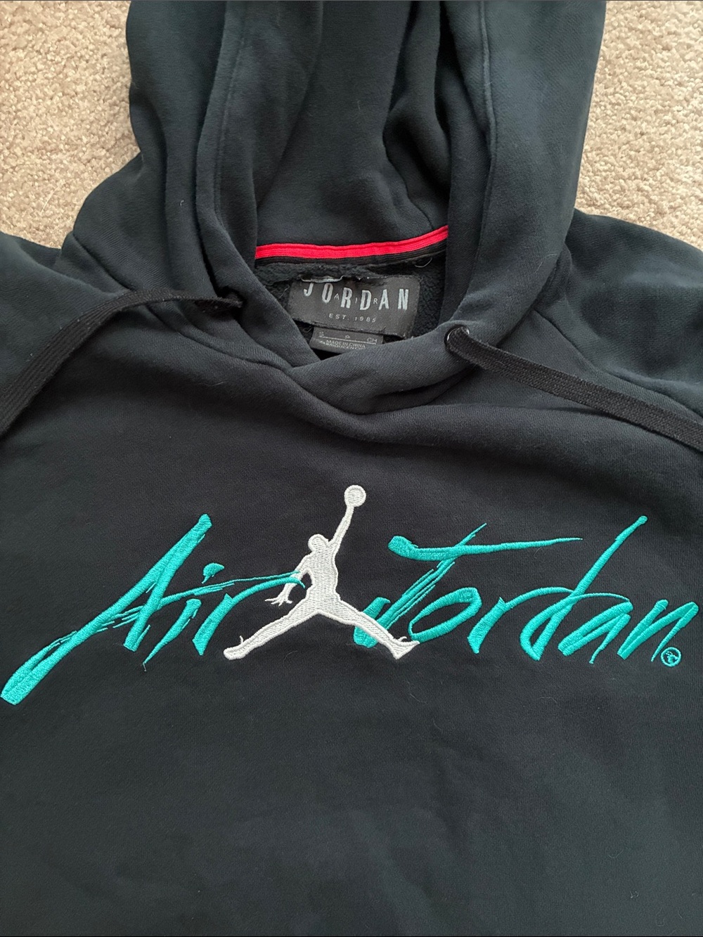 🏀 Jordan Men’s Black Hoodie with Teal Air Jordan Script